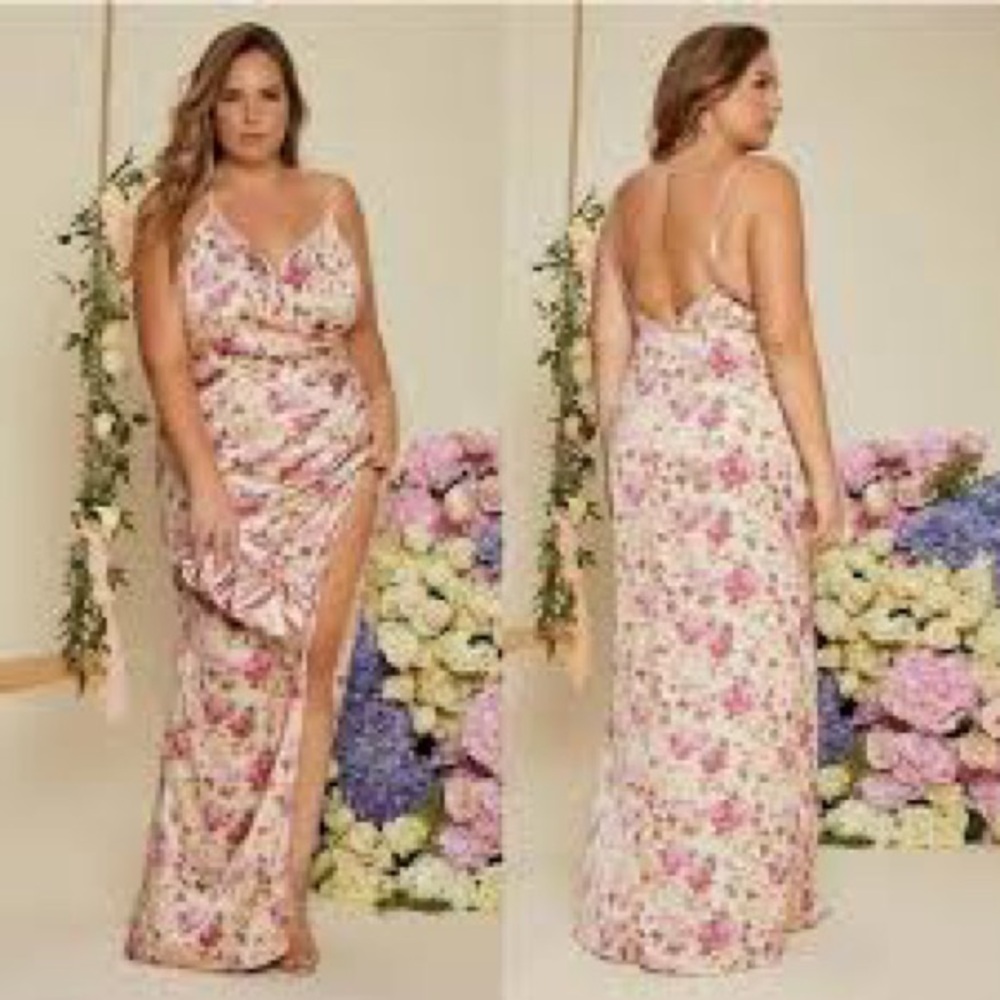 SHEIN Belle Plus Allover Floral Ruched high slit dress